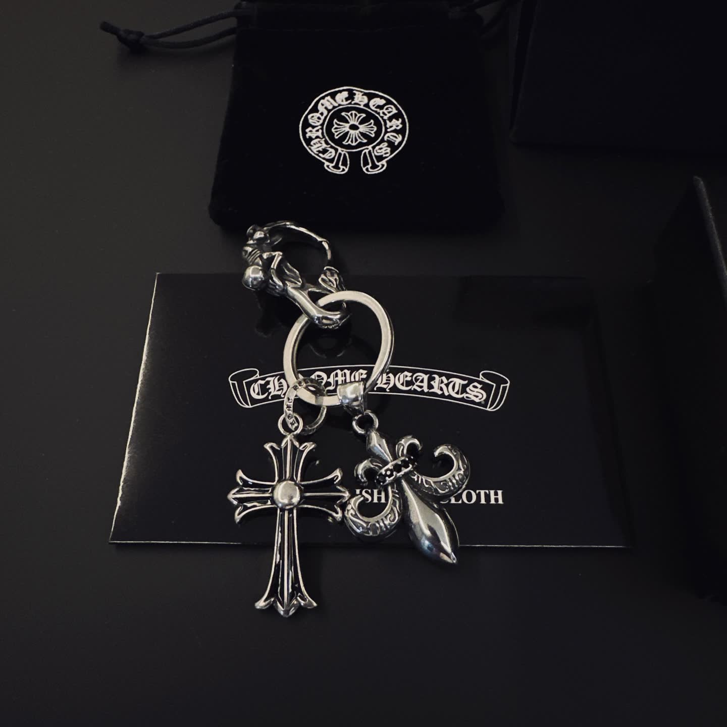 Chrome Hearts Silver Keychain with Cross and Fleur-de-lis Charms